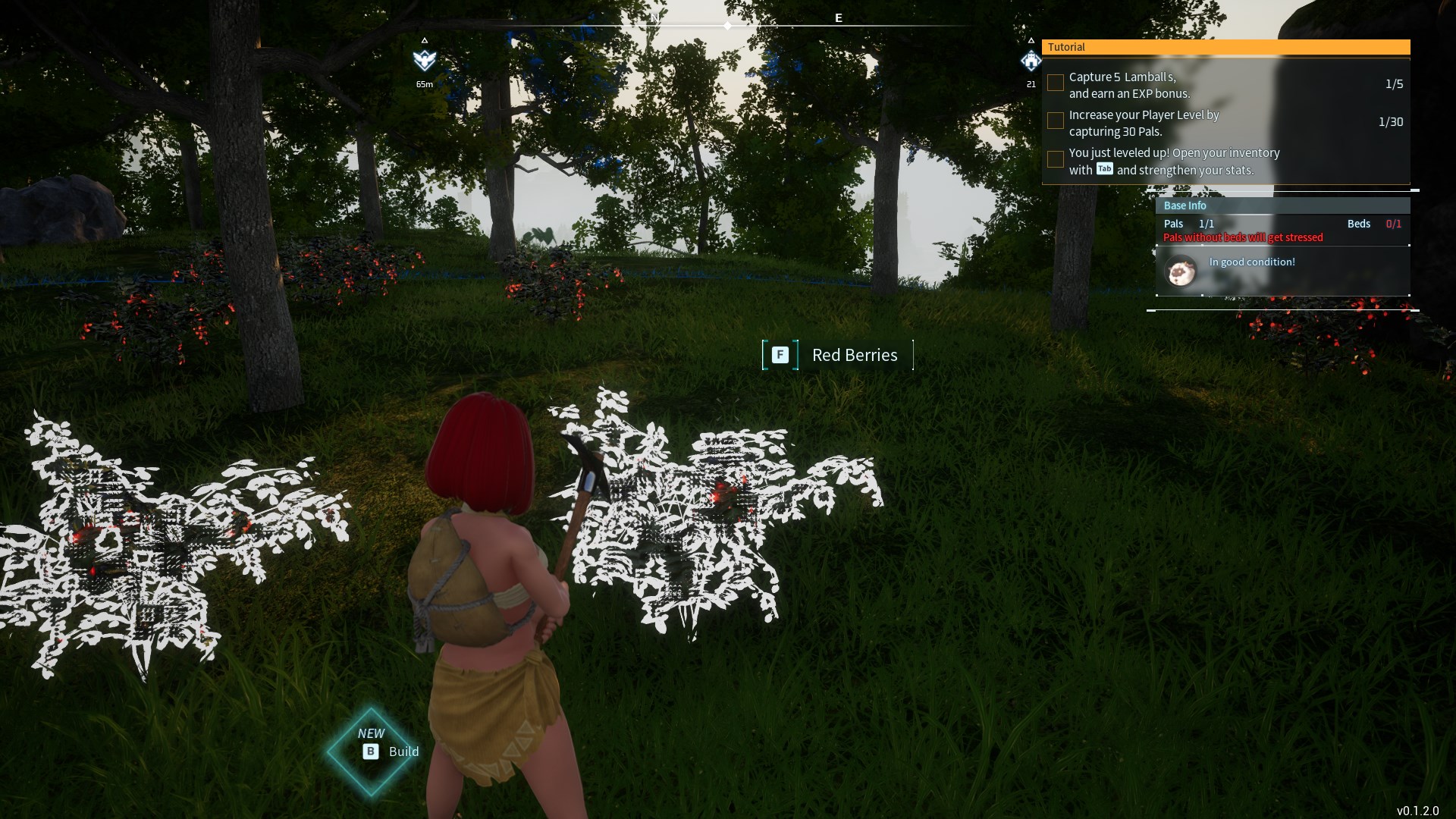 A red-haired Palworld character hold a stone pickaxe in front of a red berry bush.