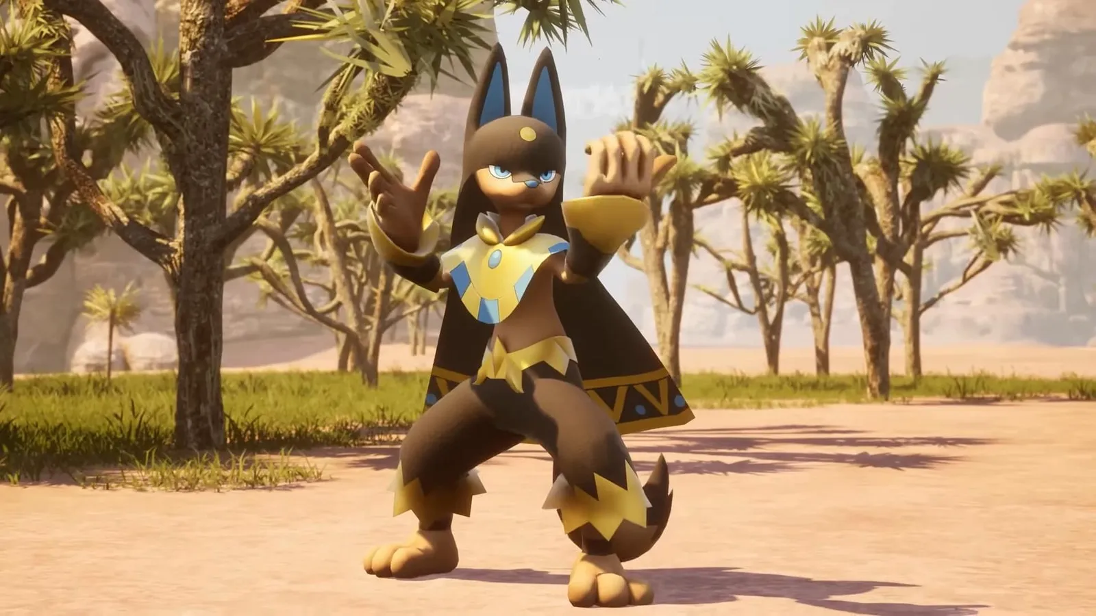 Anubis, an Egyptian-themed Pal, standing on sand in front of trees.