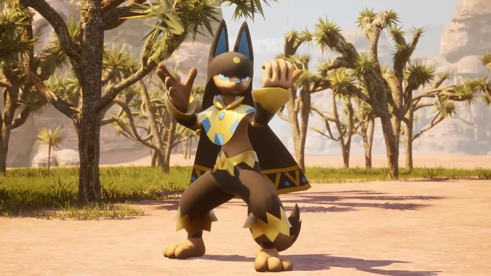 Anubis, an Egyptian-themed Pal, standing on sand in front of trees.
