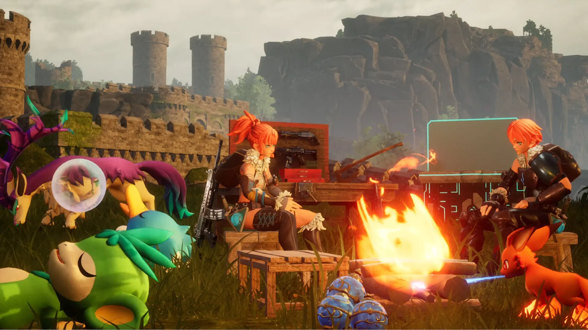 A Palworld character sitting beside a fire in their base, with sleeping Pals around.