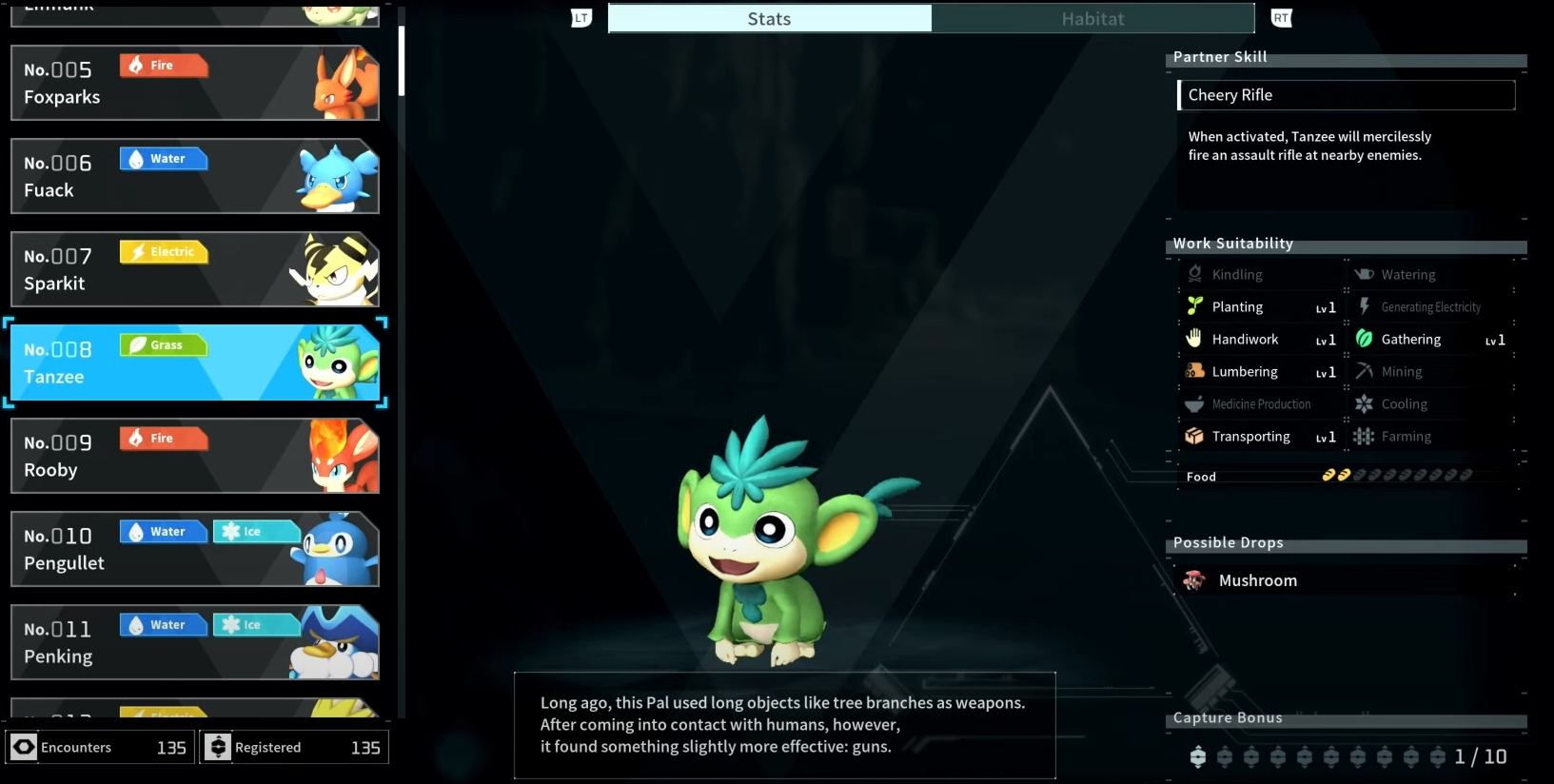 Tanzee, a green monkey-like creature in the Palworld Paldeck
