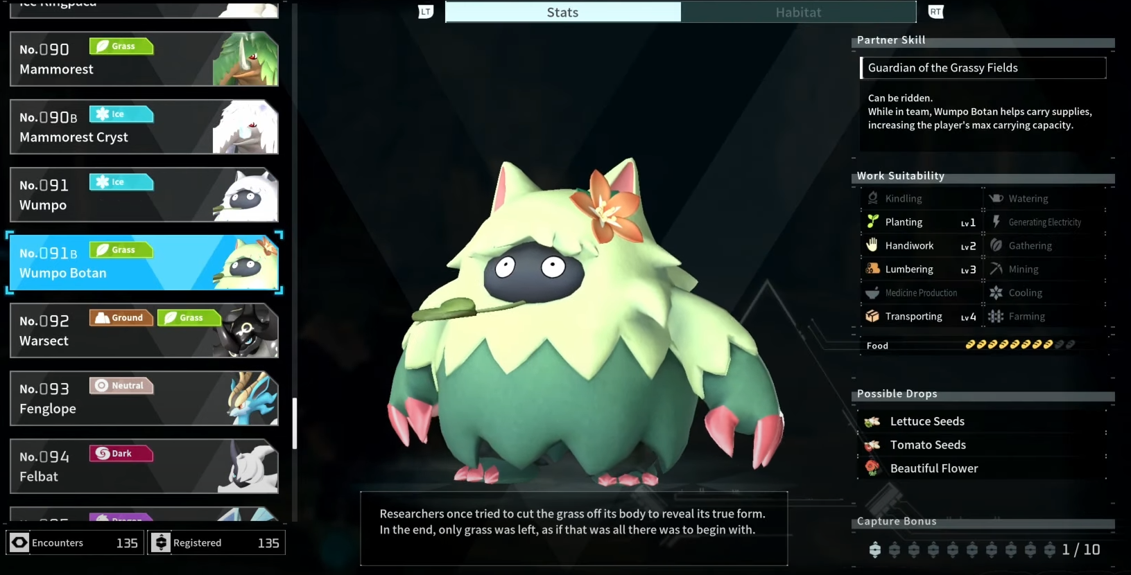 A screenshot of Palworld's Paldeck, showing Wumpo Botan, a dark green creature with a black face and an orange lily.
