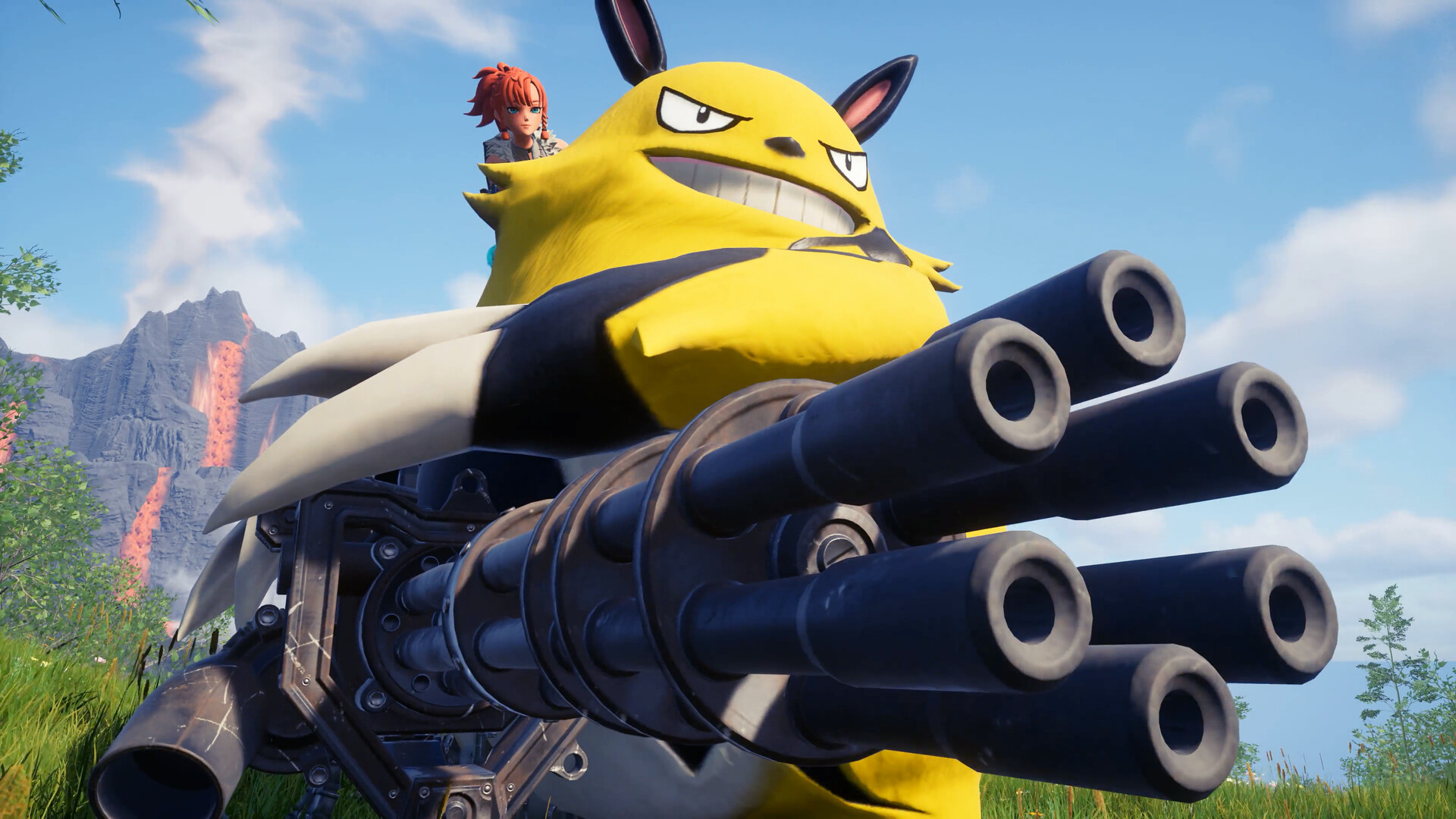 A yellow creature in Palworld holding a minigun.