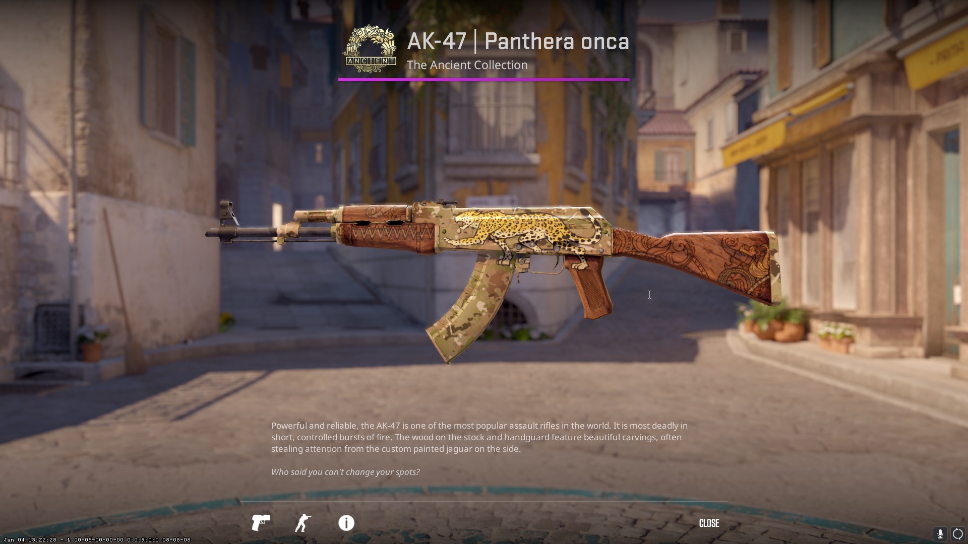 A camo AK-47 skin, with a panther painted on the side, and tribal patterns on the stock and barrel. 