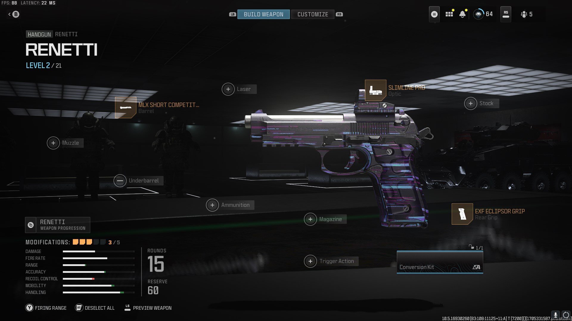 A Renetti pistol in MW3, with the MLX Short Competition barrel, Slimline Pro optic, and EXF Eclipsor Grip.