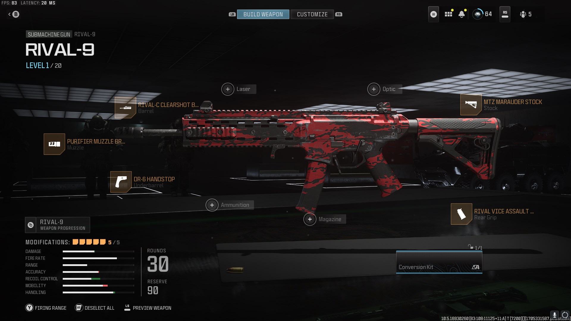 An MW3 Rival-9 loadout including the Purifier Muzzle Break S, Rival-C Clearshot barrel, MTZ Marauder Stock, Rival Vice Assault Grip, DR-6 Handstop underbarrel.