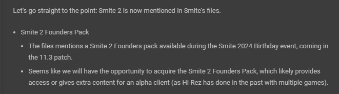 An image of white text on a grey background, referring to a "Smite 2 Founders Pack" available during the 2024 Birthday event.