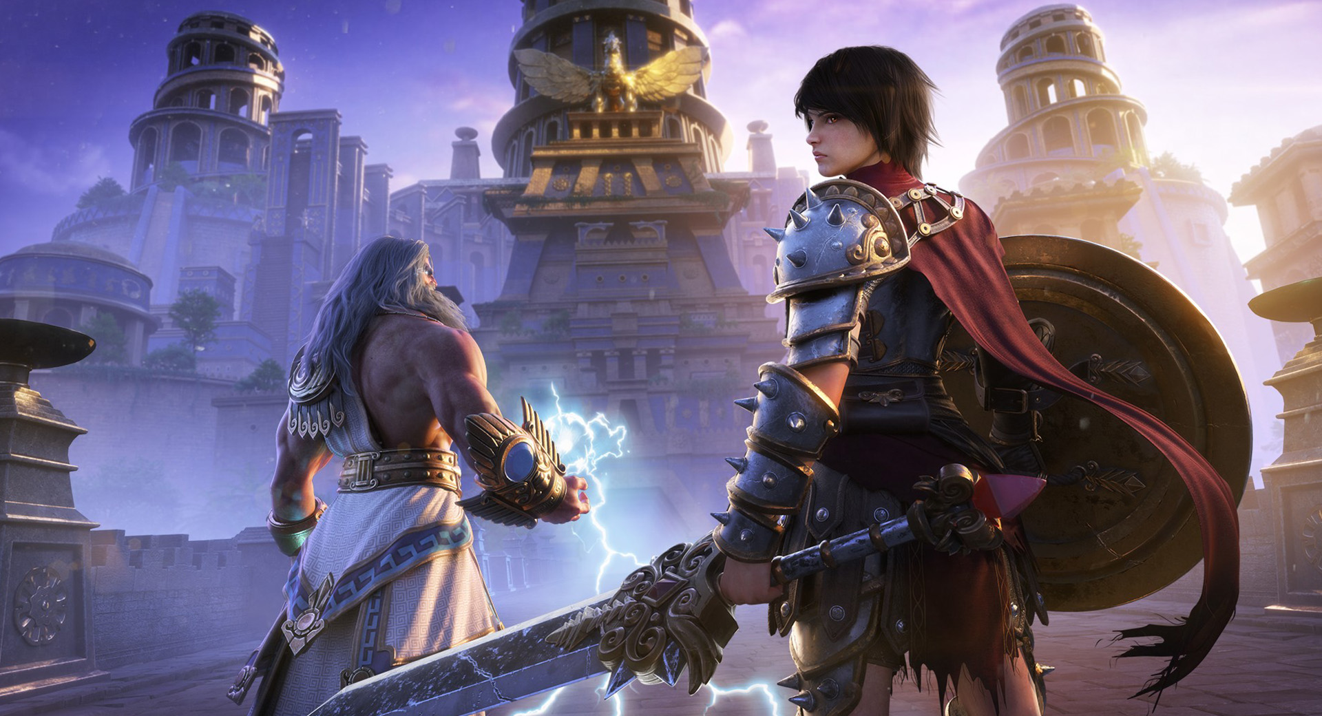 Two characters, one the God Zeus and another wearing a shield and sword, standing outside a white building with gold accents.