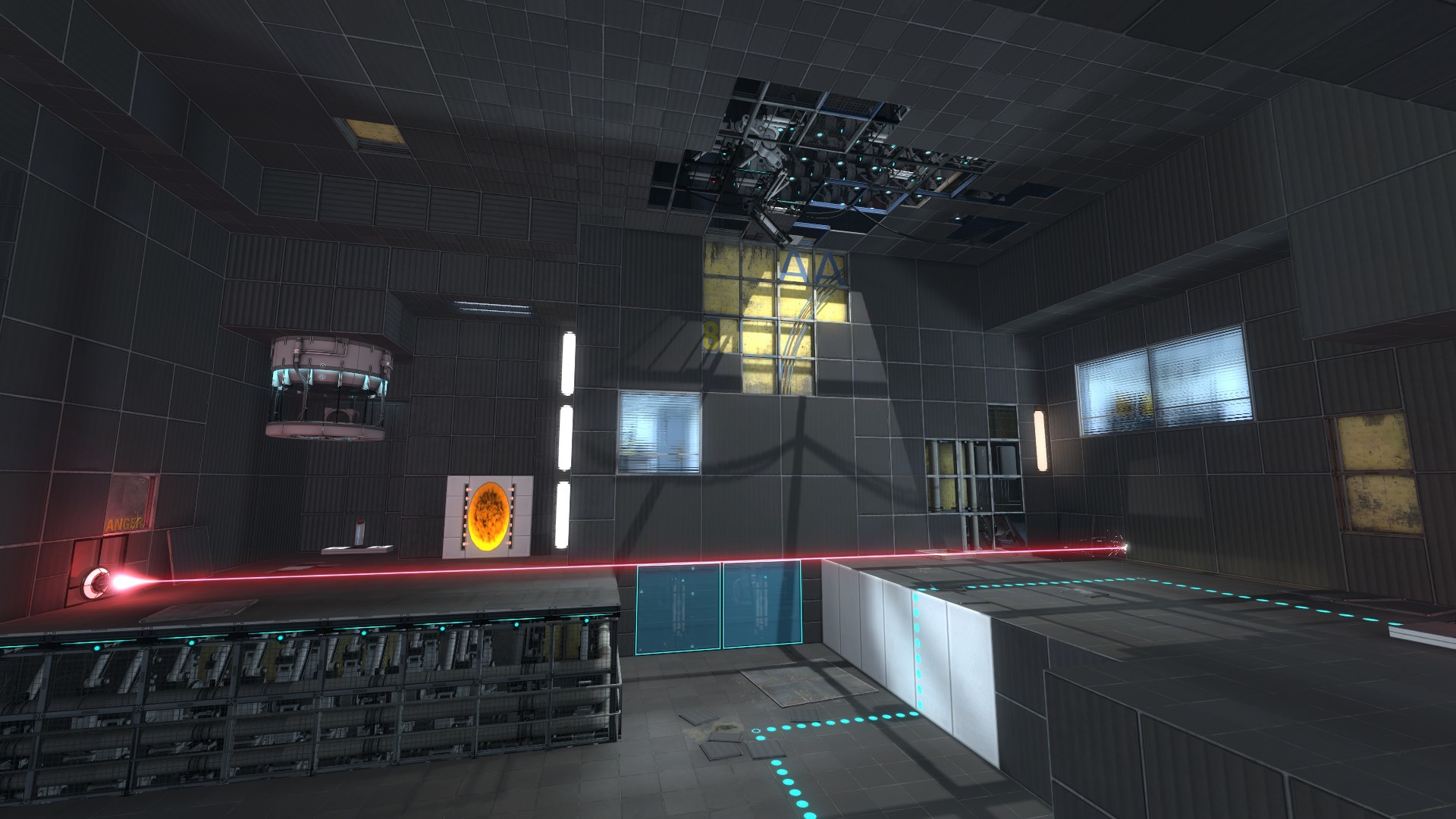 A laser shooting across a room with blue and white panels in Portal Revolutions