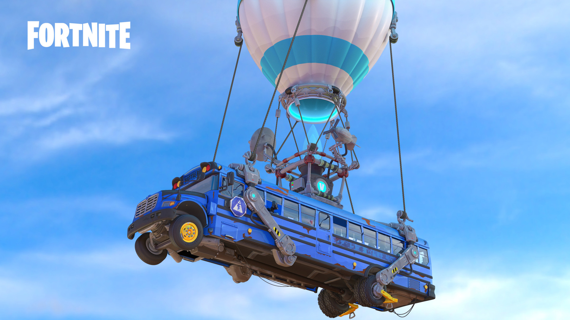 The Battle Bus, a blue bus with a balloon on top, flying through a blue sky