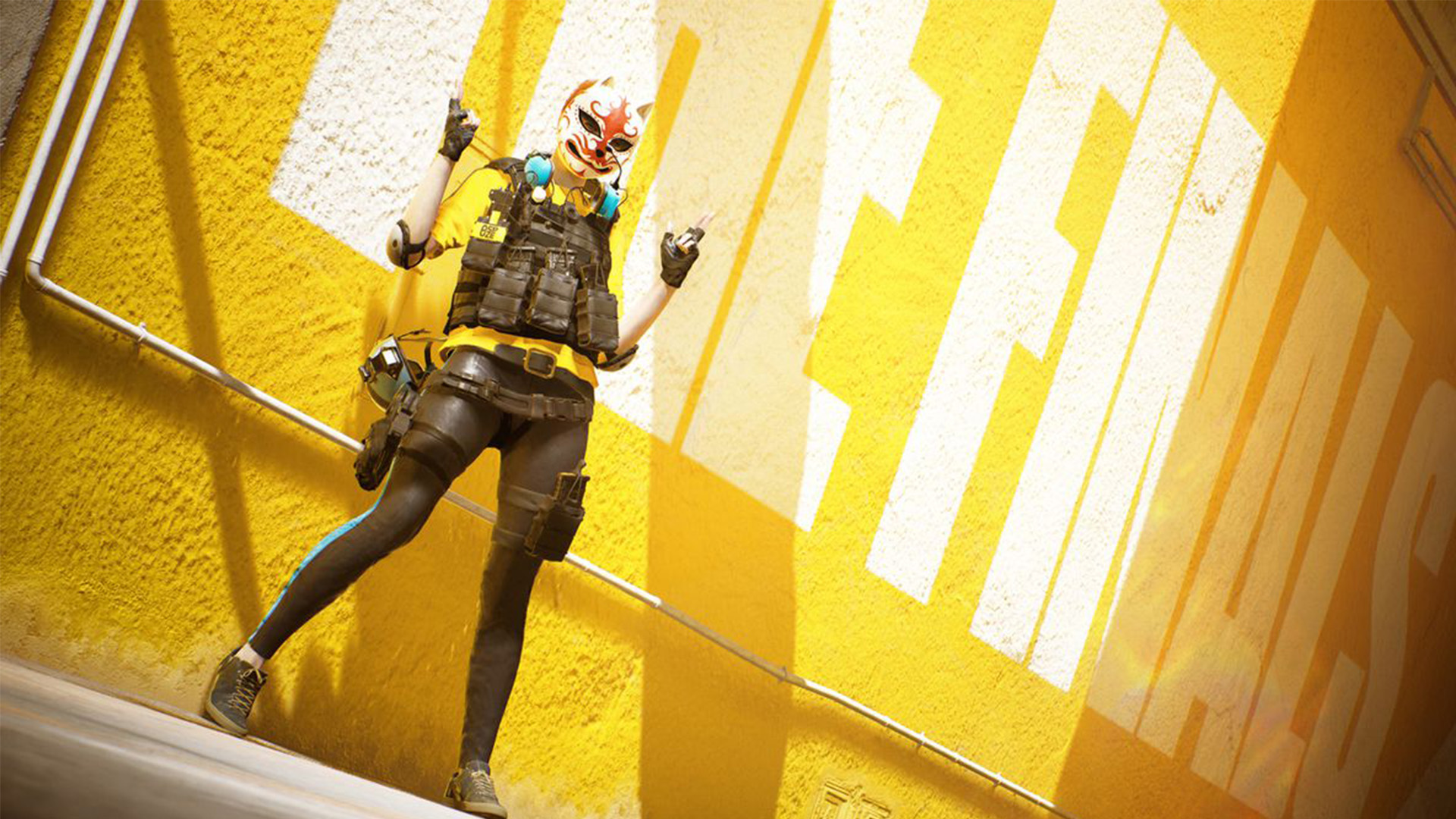 A FINALS character standing against a yellow wall with THE FINALS written in white lettering.