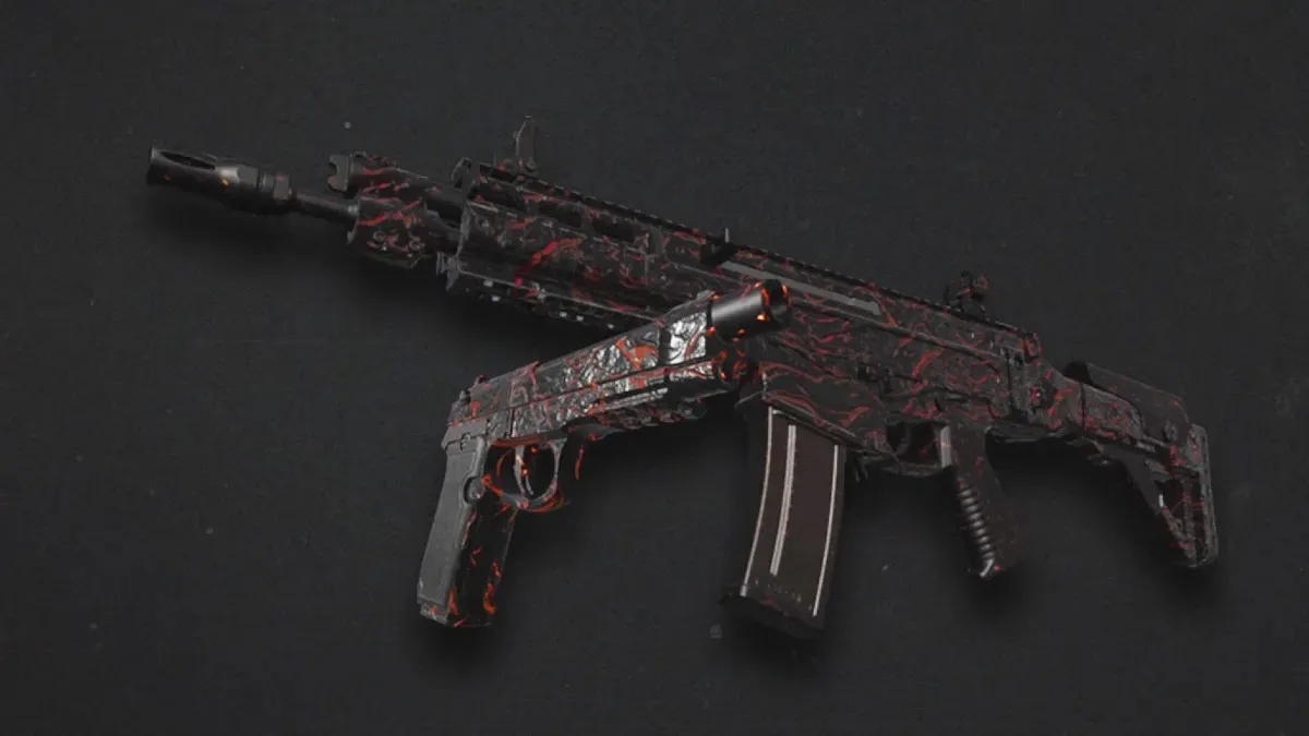The red and black Magma camo on a pistol and assault rifle in MW3