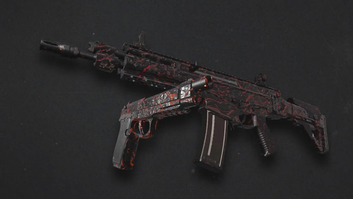 The red and black Magma camo on a pistol and assault rifle in MW3