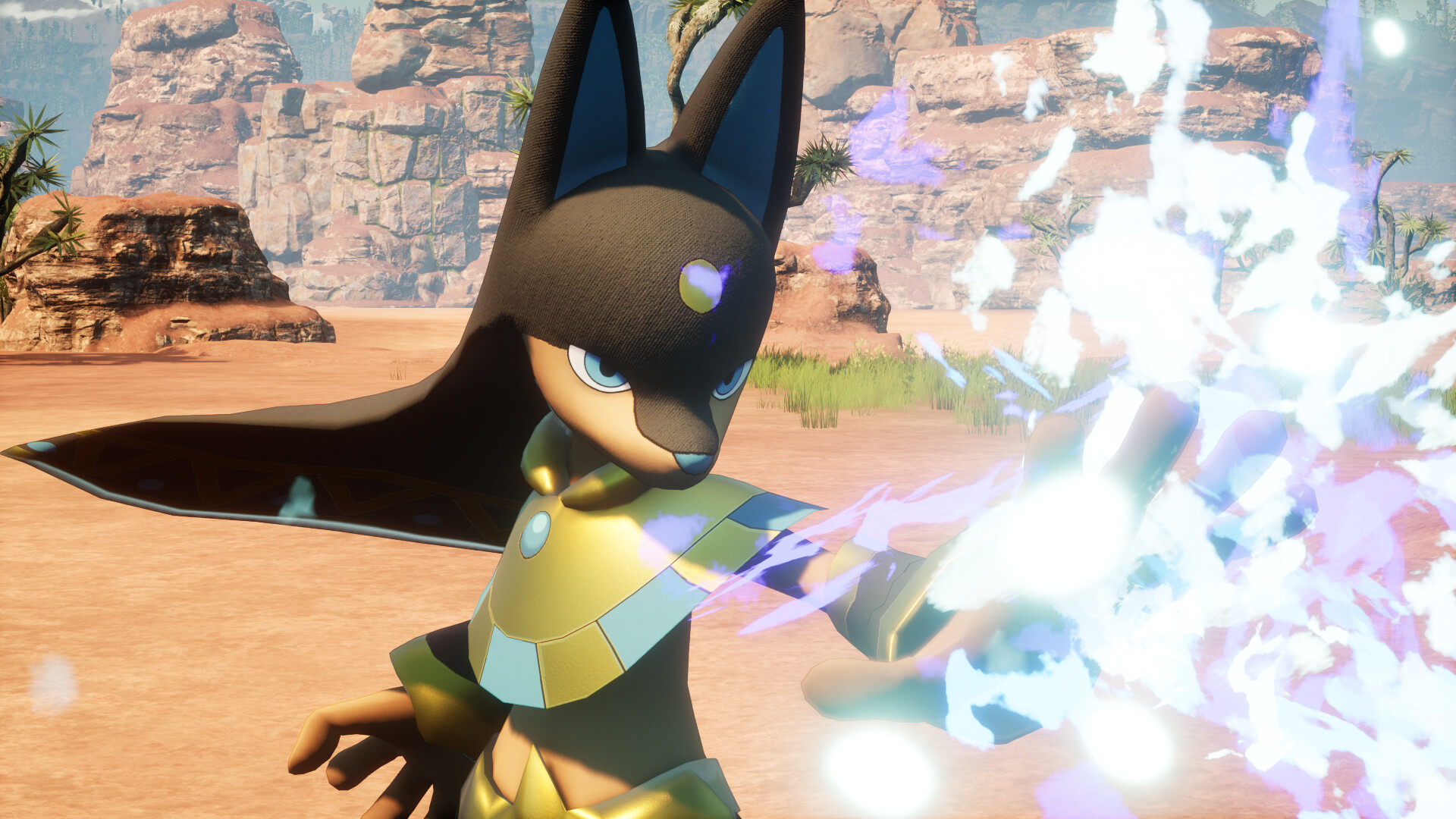 Anubis standing in a desert, shooting electric out of his hands.