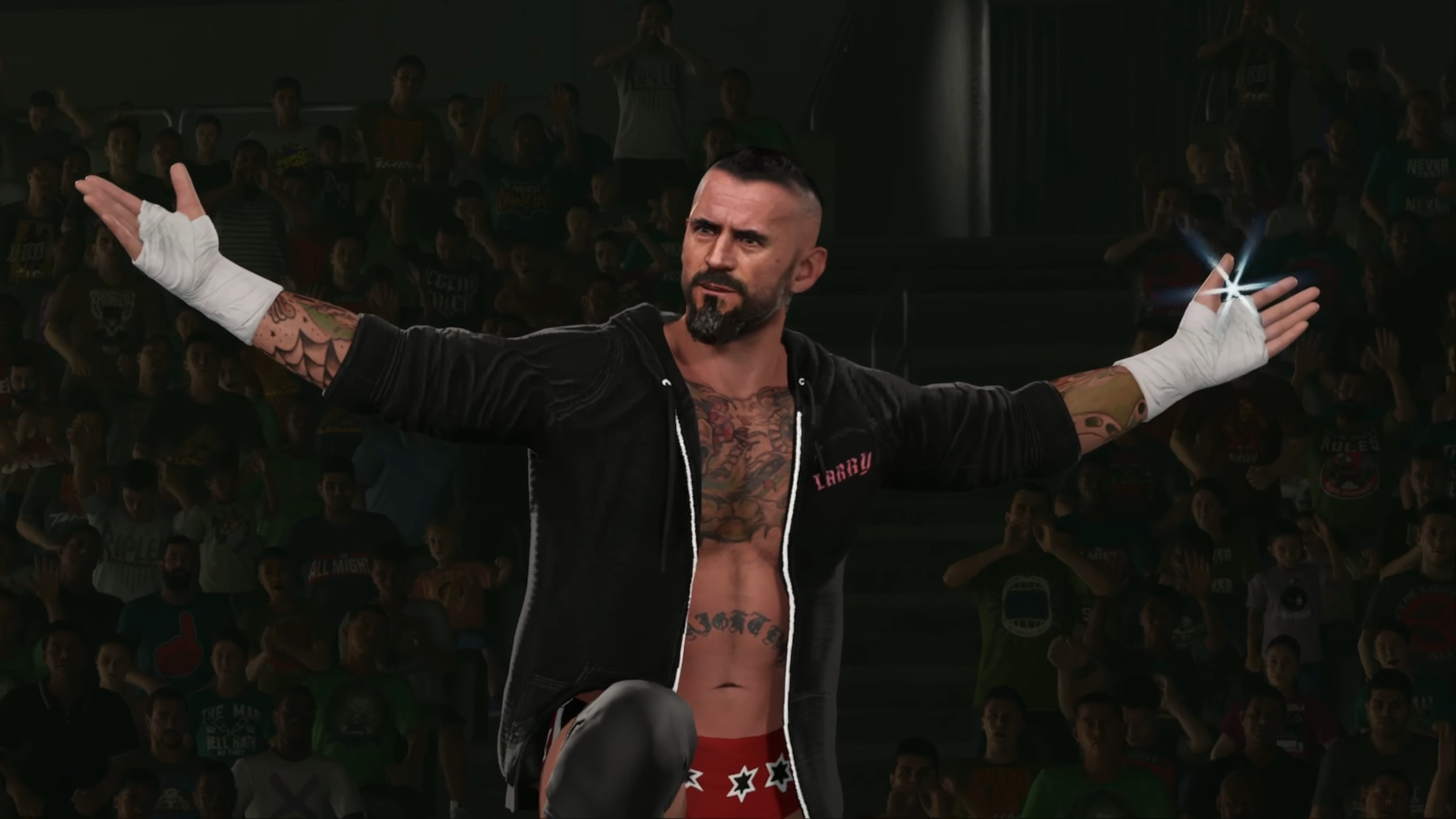 A CAW of CM Punk, wearing a black hoodie with "Larry" written on it, standing on the turnbuckle with his arms out.