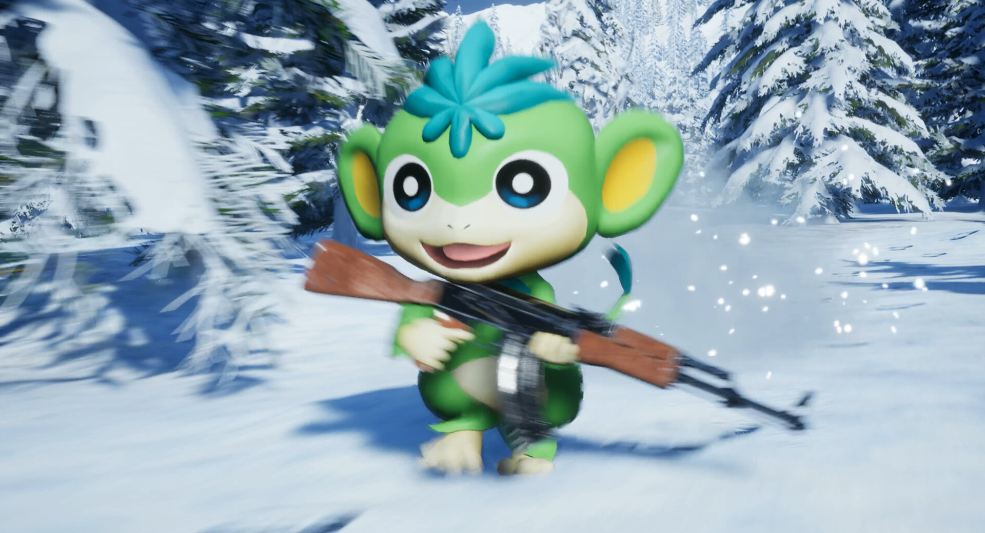 A small green creature with blue hair running, carrying an AK-47 through snowy trees.