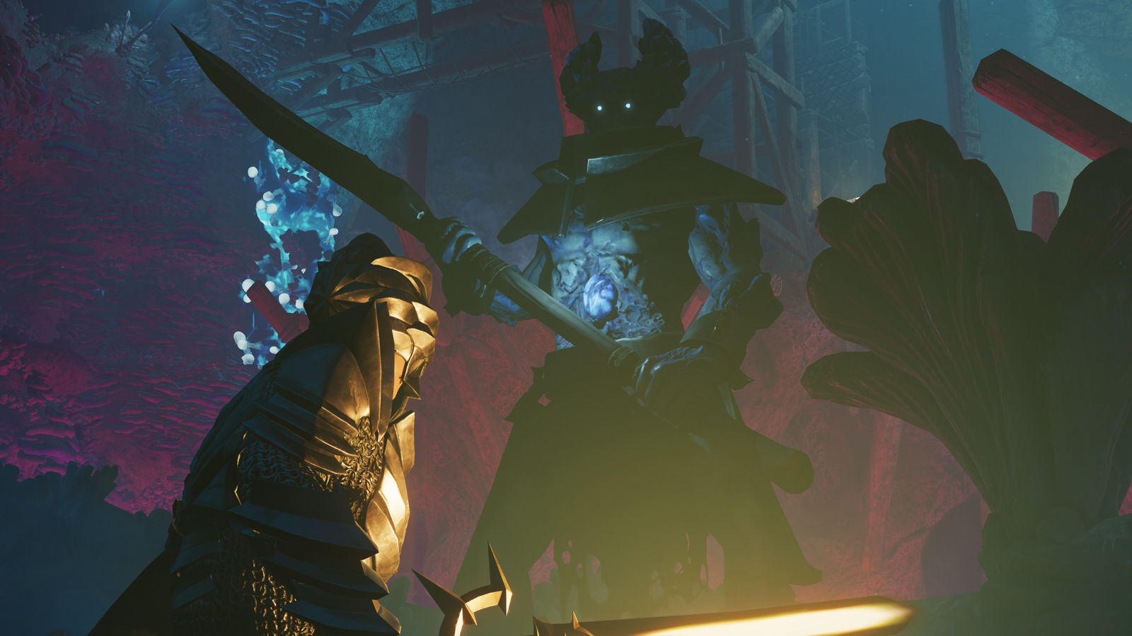 Enshrouded warrior facing off against foe