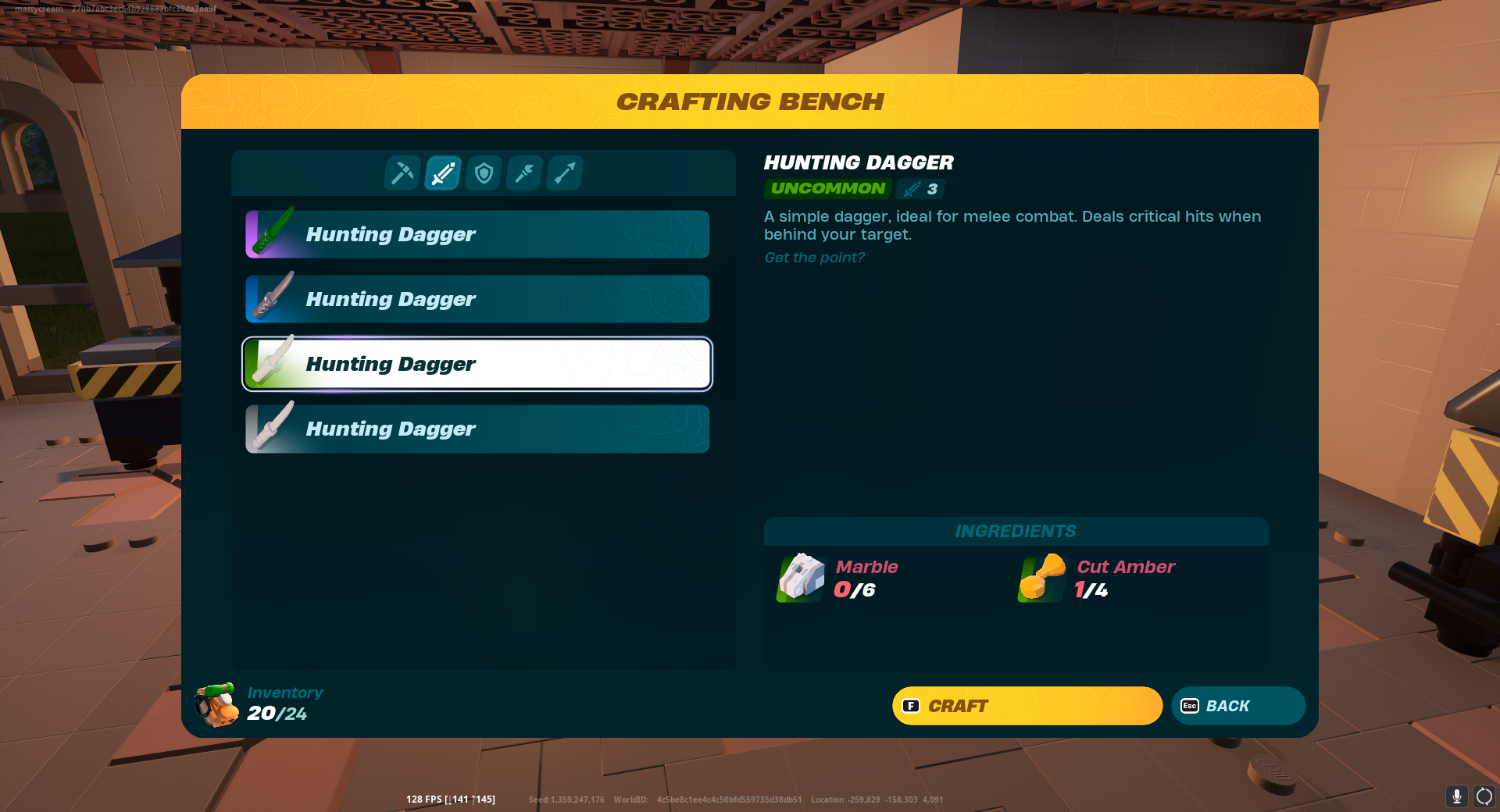 An image of LEGO Fortnite's Crafting Bench recipe, showing that you need 6 pieces of Marble and 4 pieces of Cut Amber to make an Uncommon Hunting Dagger. 