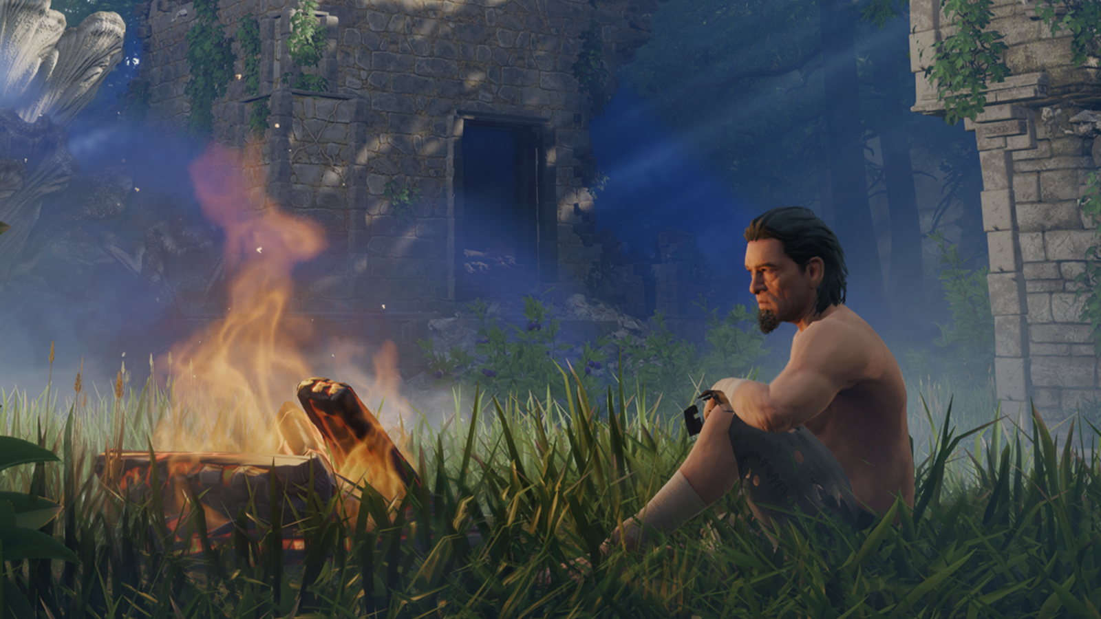 Man sitting at fire in Enshrouded