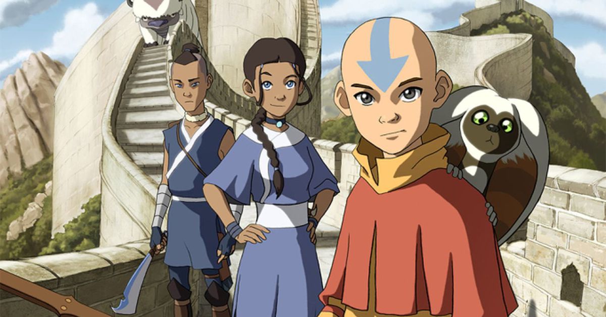 Aang, Katara, and Sokka standing on a white wall. 