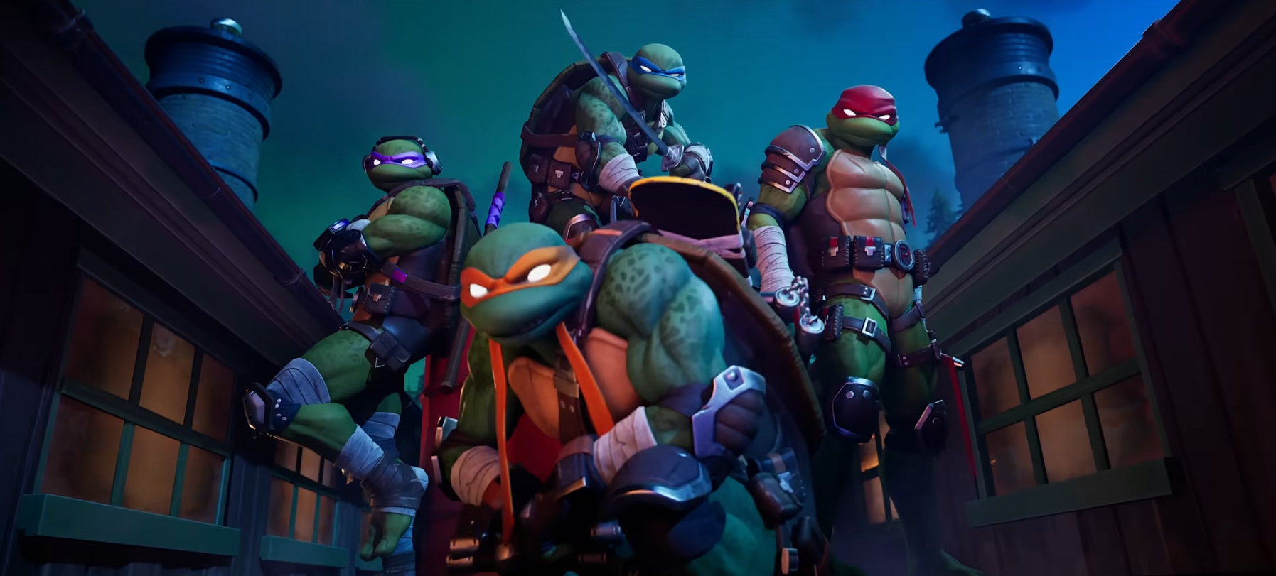 The four Teenage Mutant Ninja Turtles, posing on a rooftop.