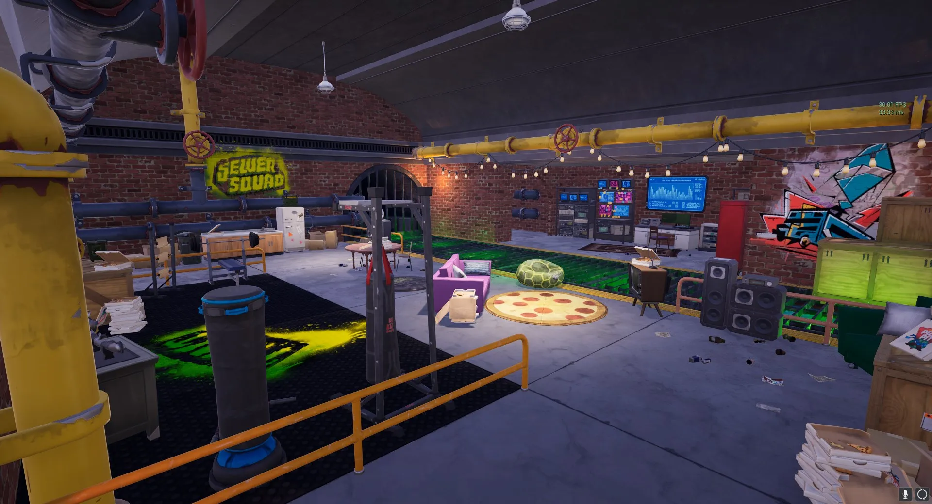 A room in Fortnite, with punching bads, a couch, computer screens, and graffiti on the wall.