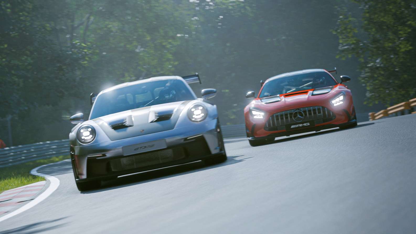 Two cars racing on a track. One is silver, one is read, with the silver one slightly ahead.