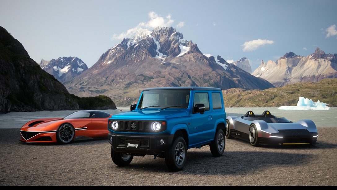 The Bulgari Aluminium Vision Gran Turismo, the Genesis X Gran Berlinetta Vission Gran Turismo, and the Suzuki Jimny XC '18, parked on a beach with mountains behind them.
