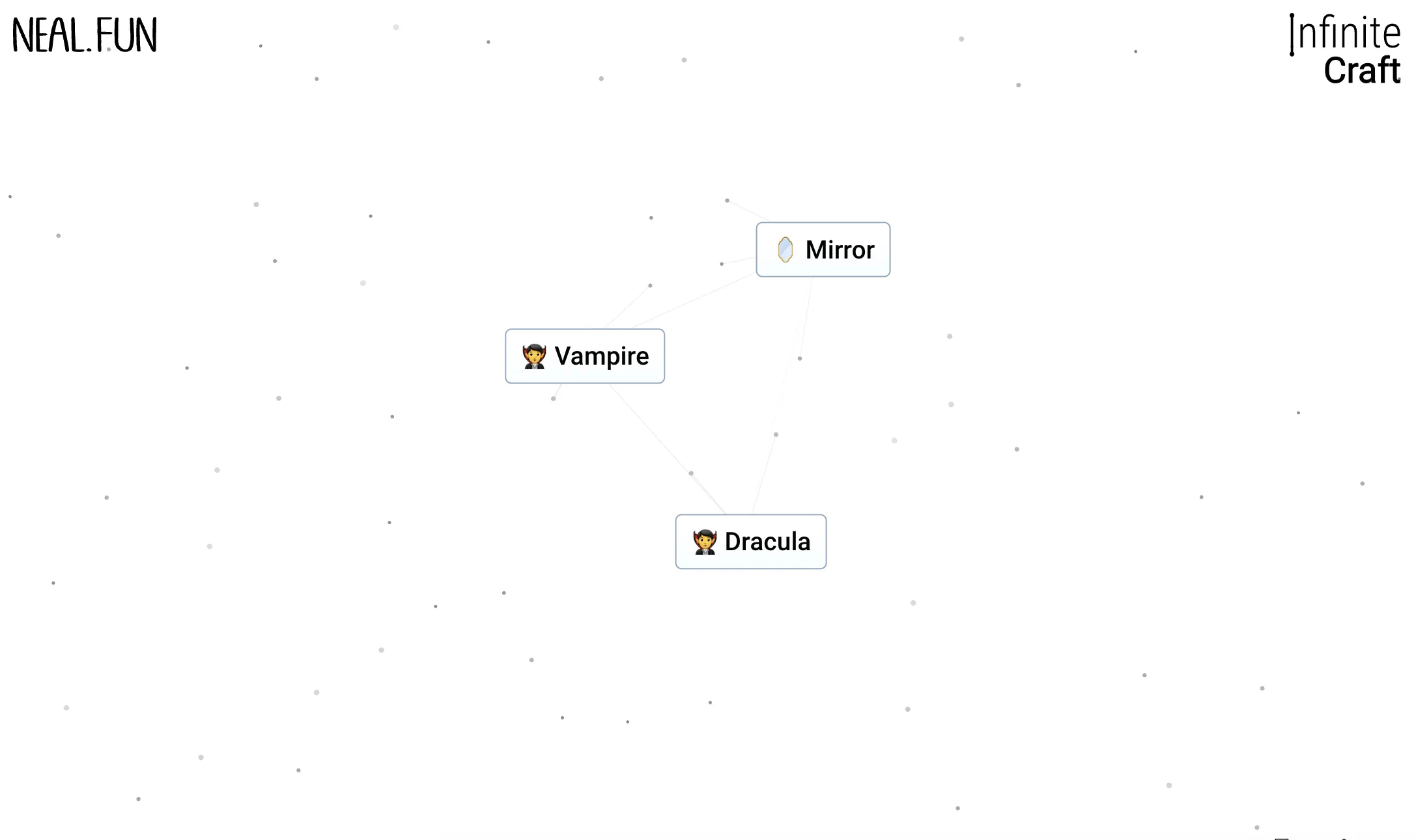 A white screen, showing the blocks of Dracula, Vampire, and Mirror in Infinite Craft