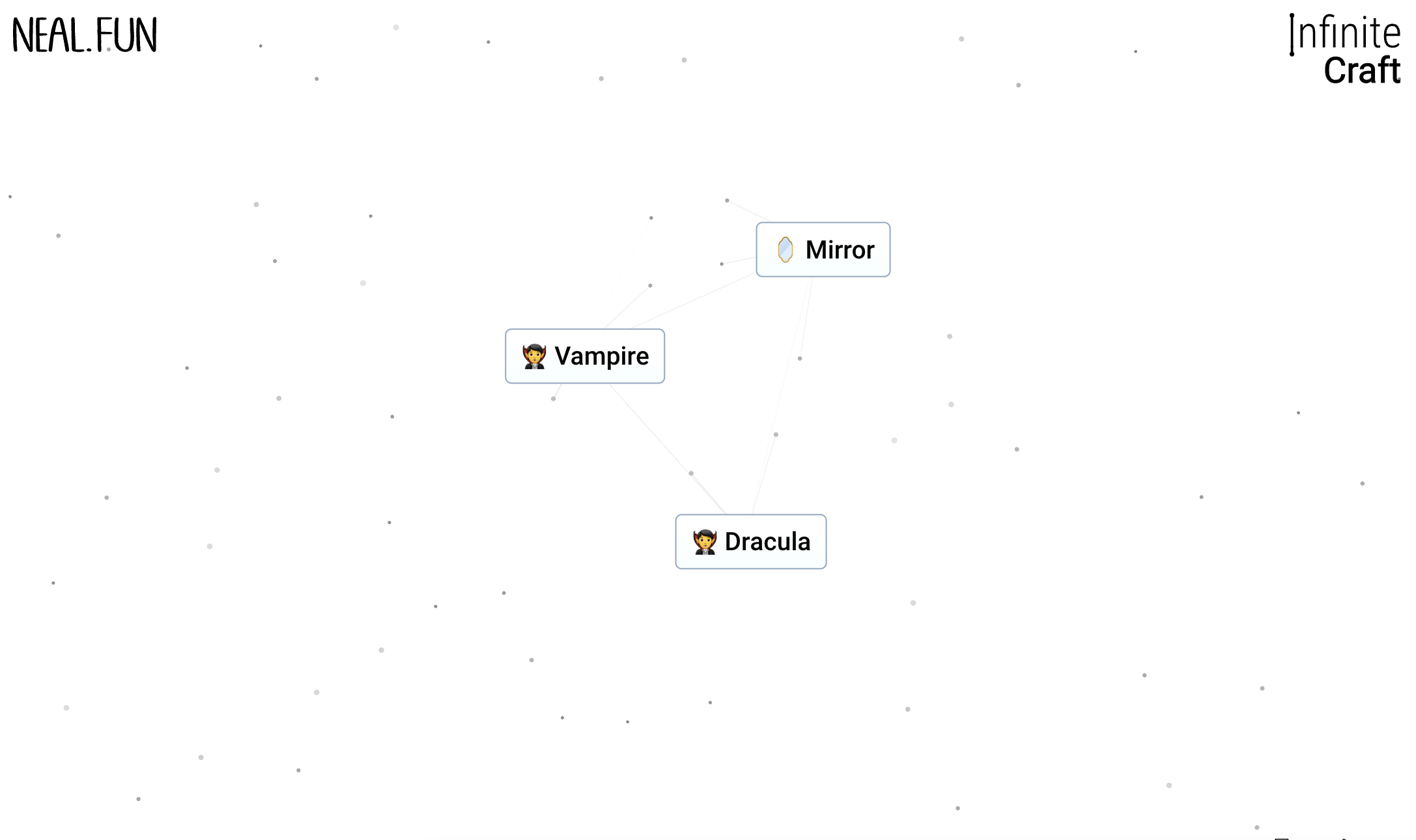 A white screen, showing the blocks of Dracula, Vampire, and Mirror in Infinite Craft