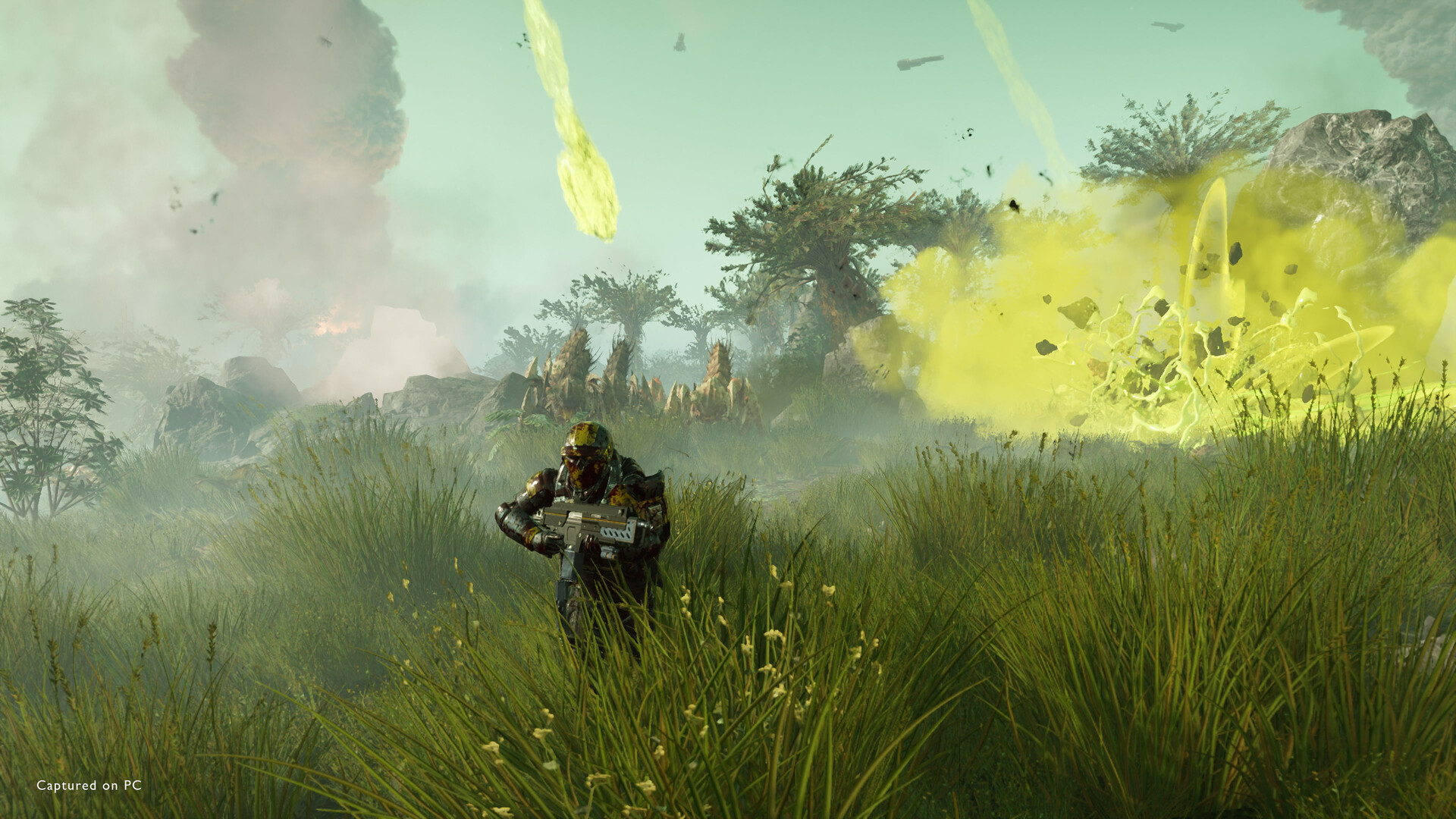 A Helldivers 2 character running through grass.