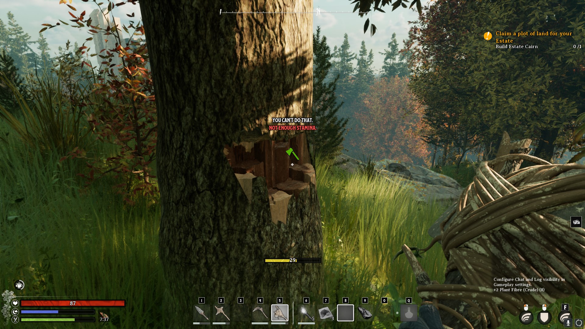 A Nightingale character holding an axe, with a chopped tree. 