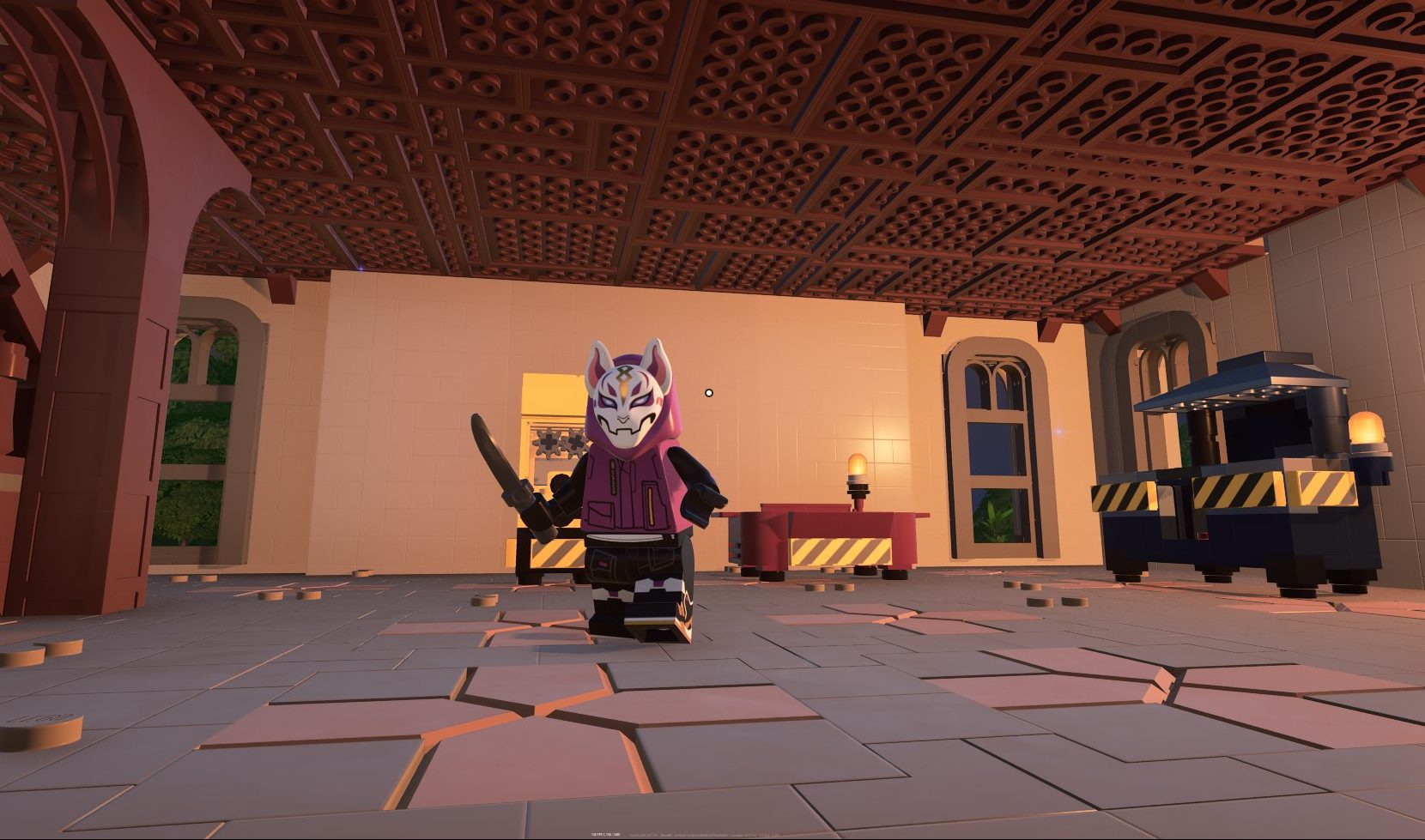 A LEGO Fortnite character holding a Hunting Dagger inside a room.