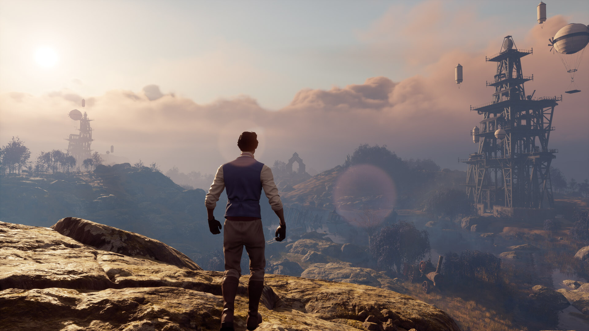 A Nightingale character standing on a hill, looking down over the landscape.