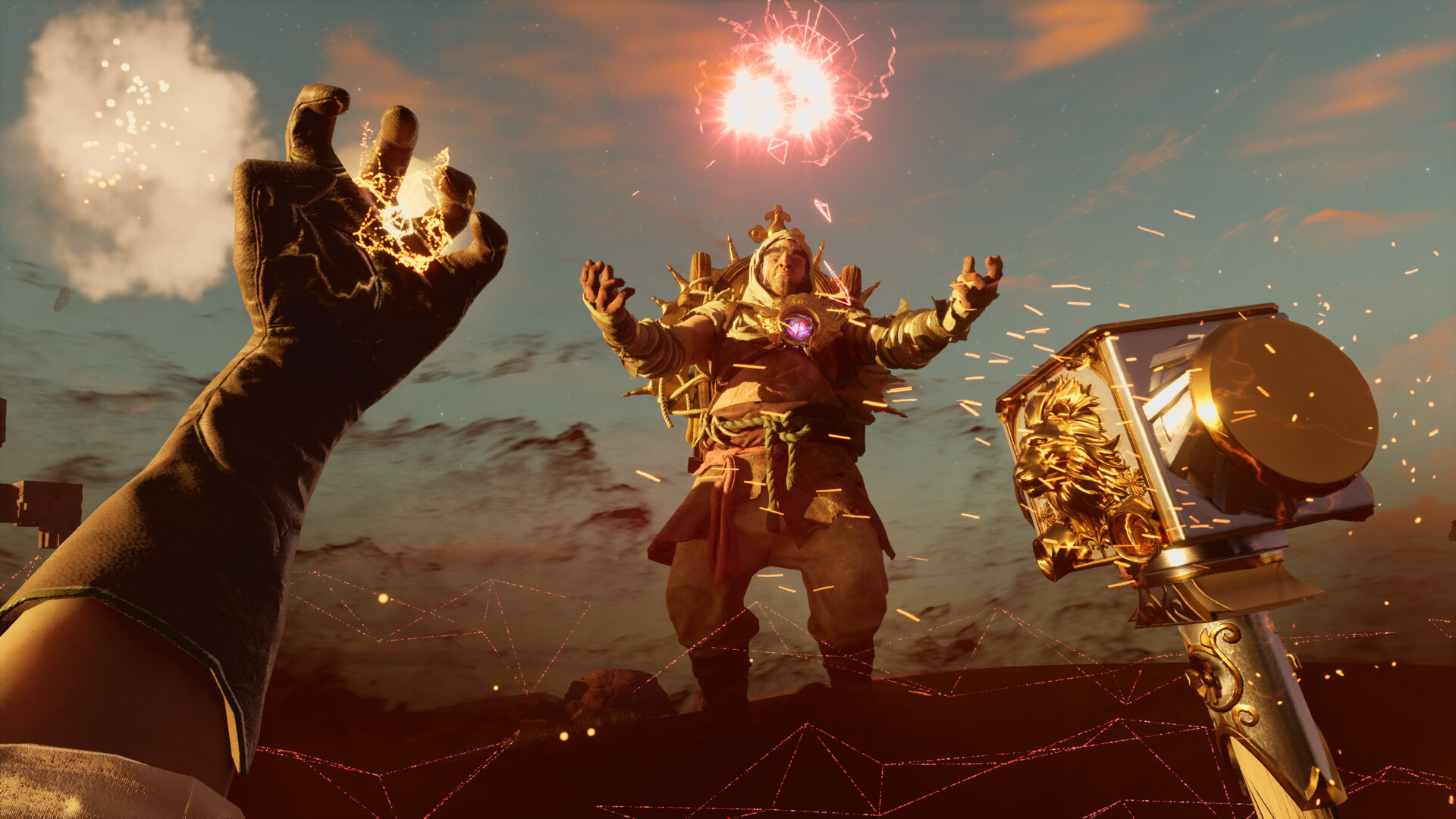 A Nightingale player, in first person, using magic with their left hand and a hammer with their right, as a monster stands in front of them.