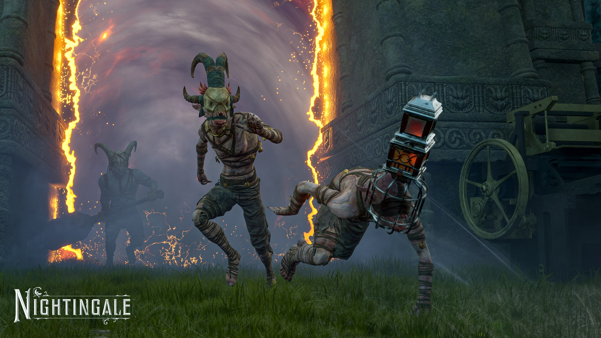 Two Nightingale characters running out of a portal, wearing a metal cage around their head.