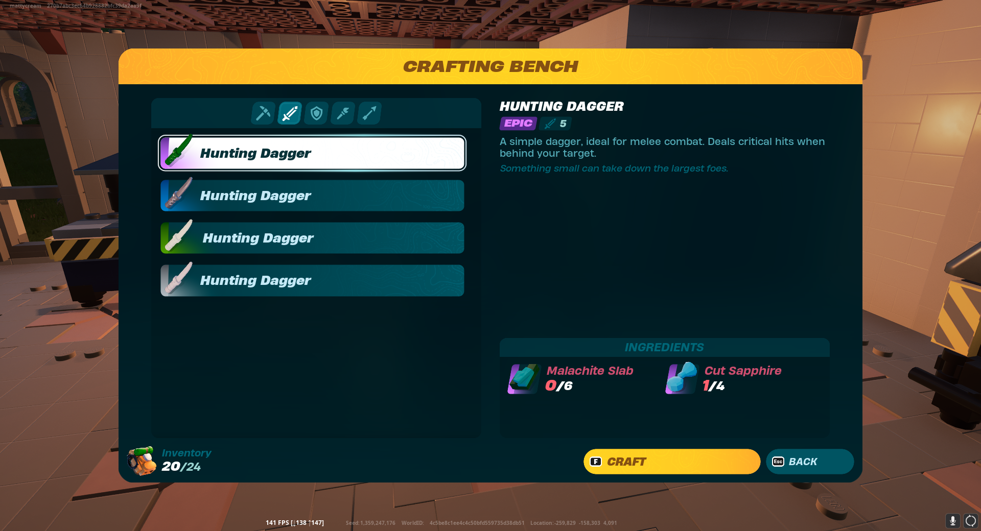 An image of LEGO Fortnite's Crafting Bench recipe, showing that you need 6 Malachite Slabs and 4 pieces of Cut Sapphire to make an Epic Hunting Dagger. 