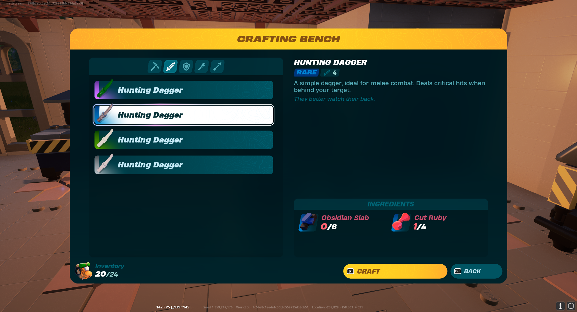 An image of LEGO Fortnite's Crafting Bench recipe, showing that you need 6 pieces of Obsidian Slab and 4 pieces of Cut Ruby to make an Rare Hunting Dagger. 