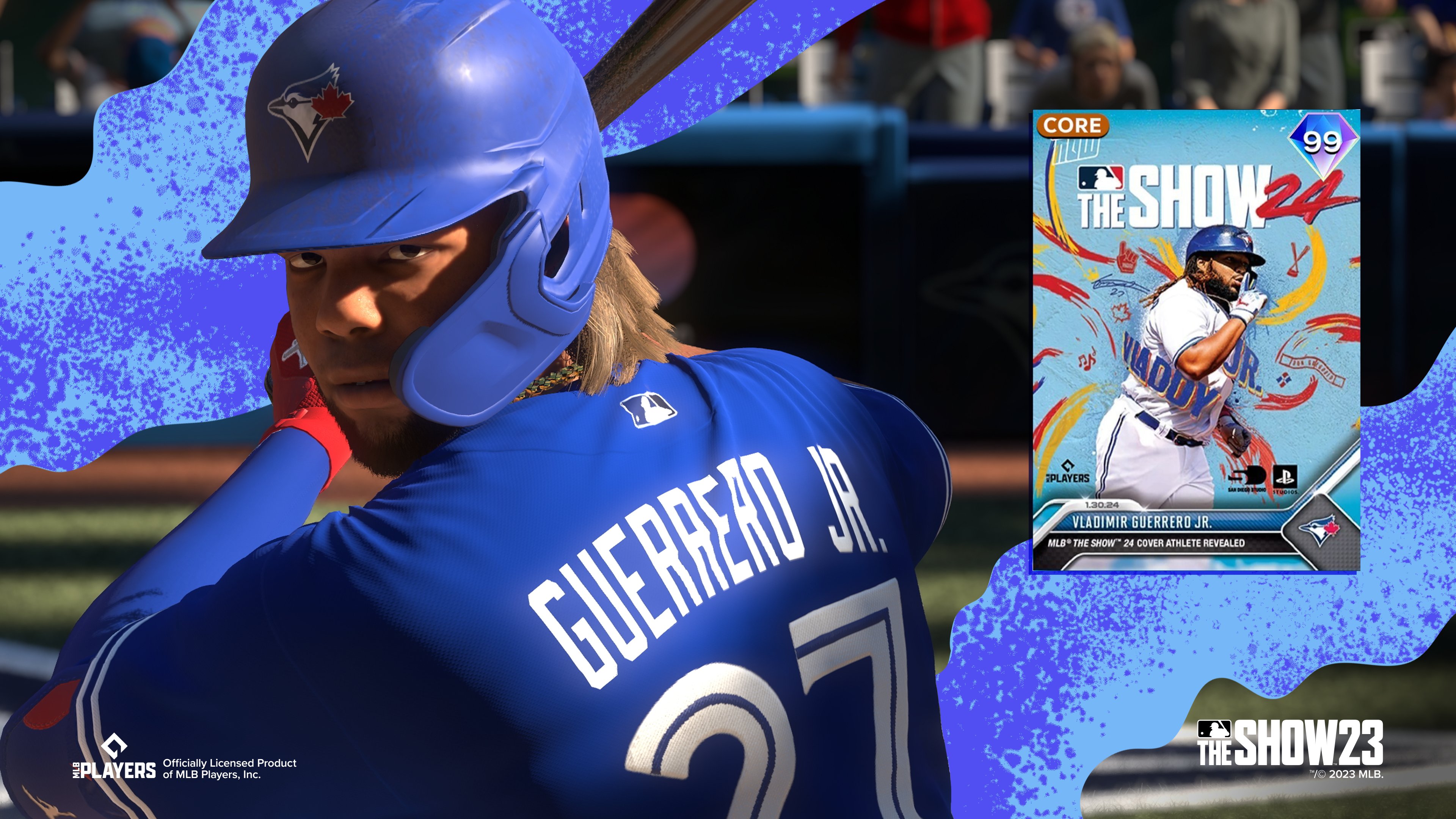 Vladimir Guerrero Jr., wearing a Blue Jays helmet and jersey, preparing to swing a black baseball bat.