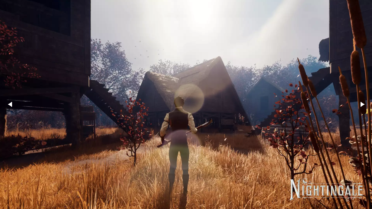 Nightingale character standing in a field in front of wooden buildings.