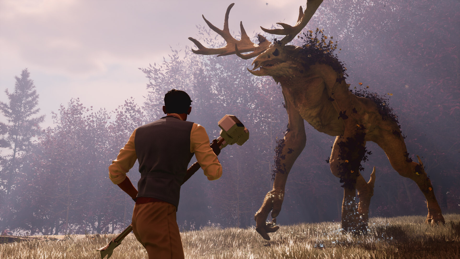 A Nightingale player standing with a hammer in front of a large beast with antlers.