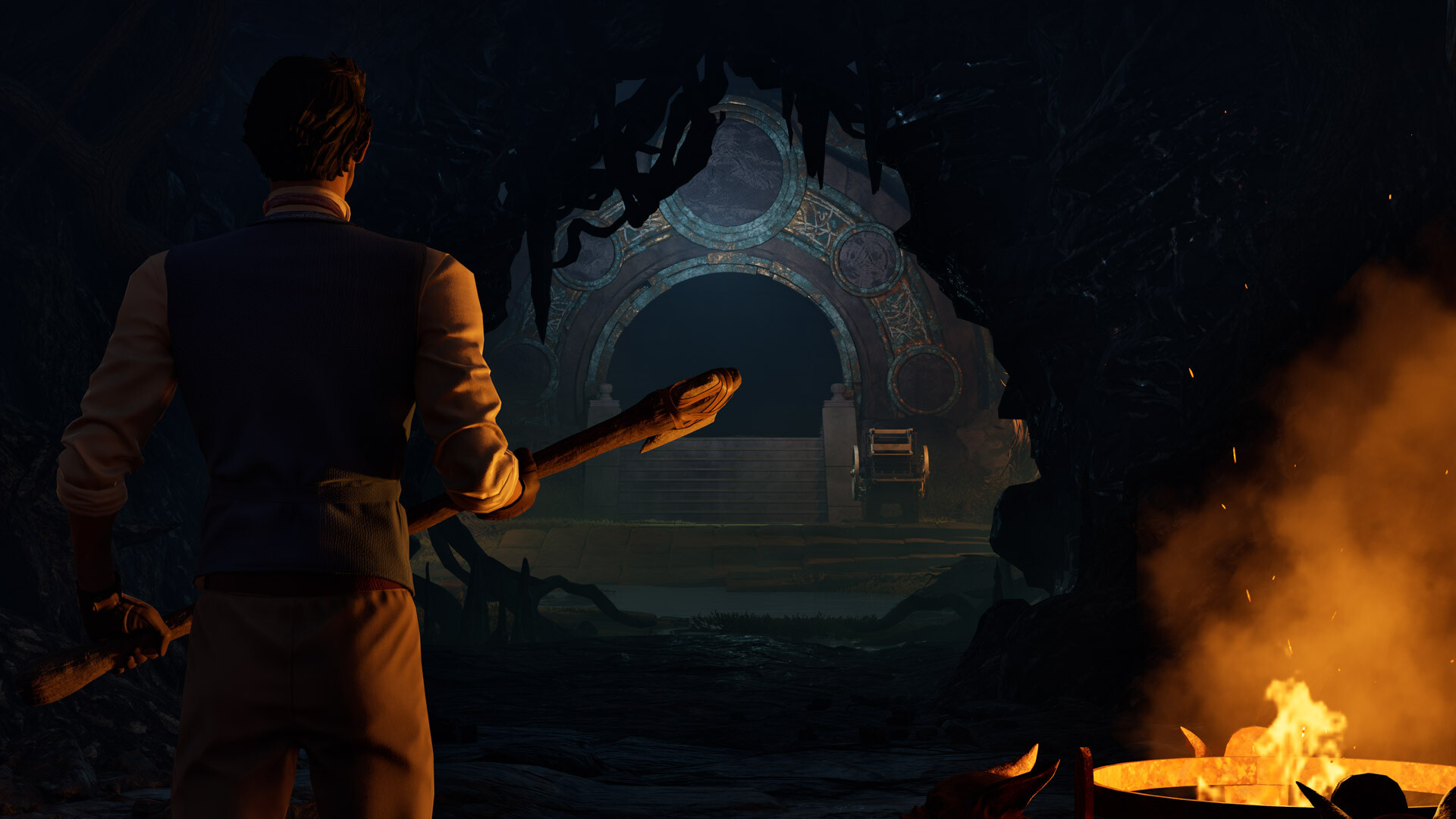 A Nightingale player in front of a portal, holding an axe.