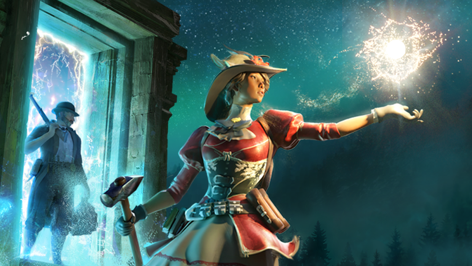 A women in Nightengale, reaching out her left hand, with a magic sphere above it.