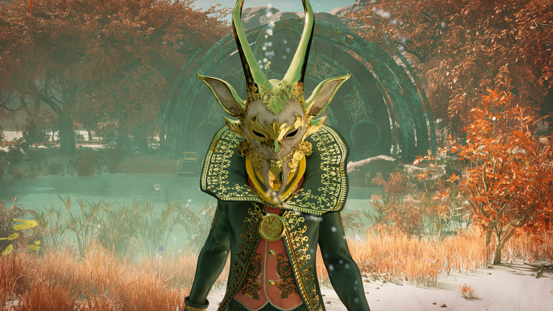 A white character with horns and pointy ears, and gold leaf around it's eyes and face. It wears a green jacket with a collar, and a red waistcoat.