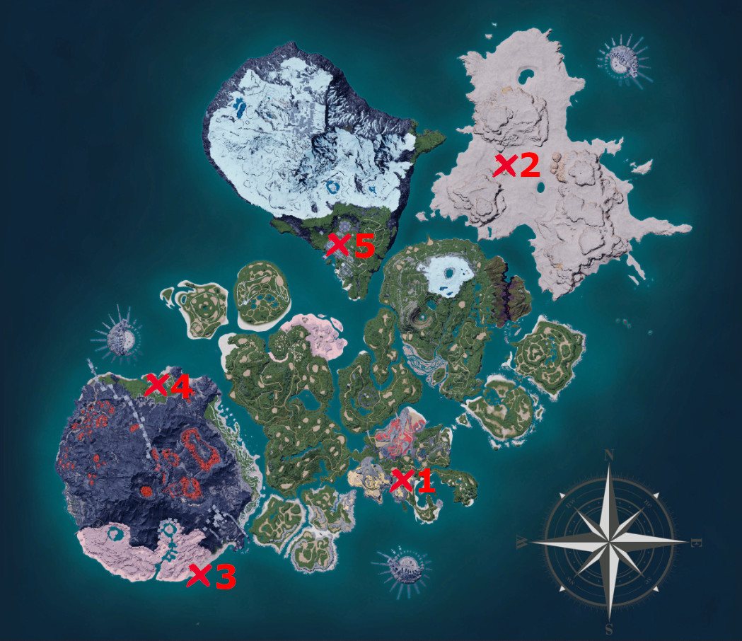 A map showing the full Palworld area, with five numbered Xs on it.