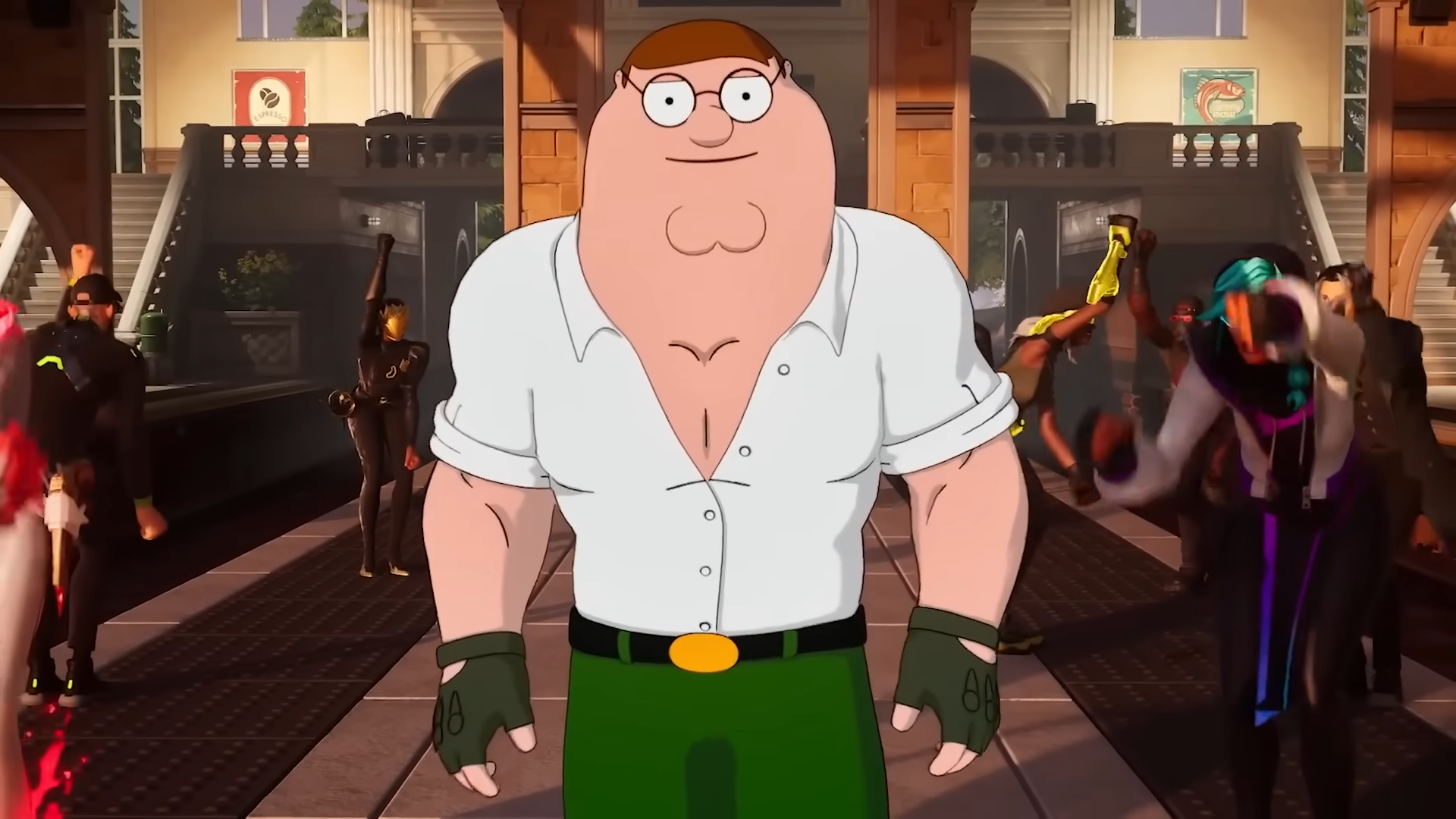 Buff Peter Griffin walking past dancing Fortnite characters.