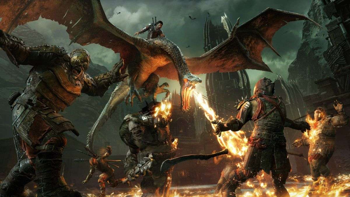 A dragon rider attacks orcs in Middle Earth: Shadow of War.