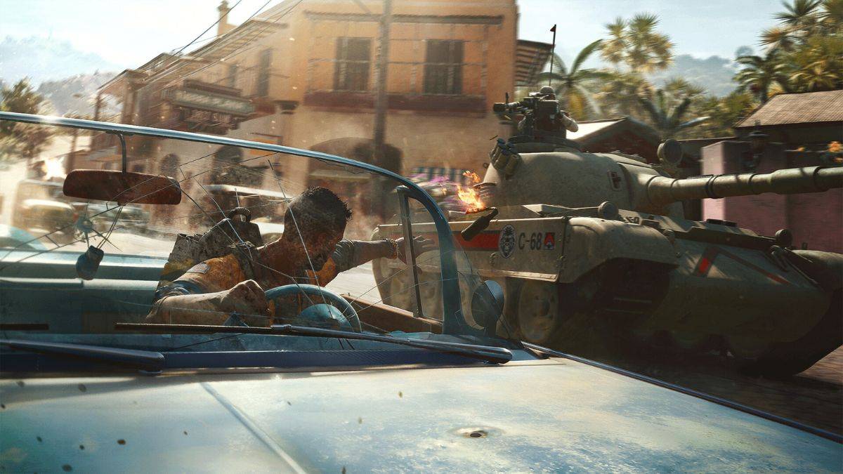 A player battles a tank, throwing a Molotov at it from a car in Far Cry 6.