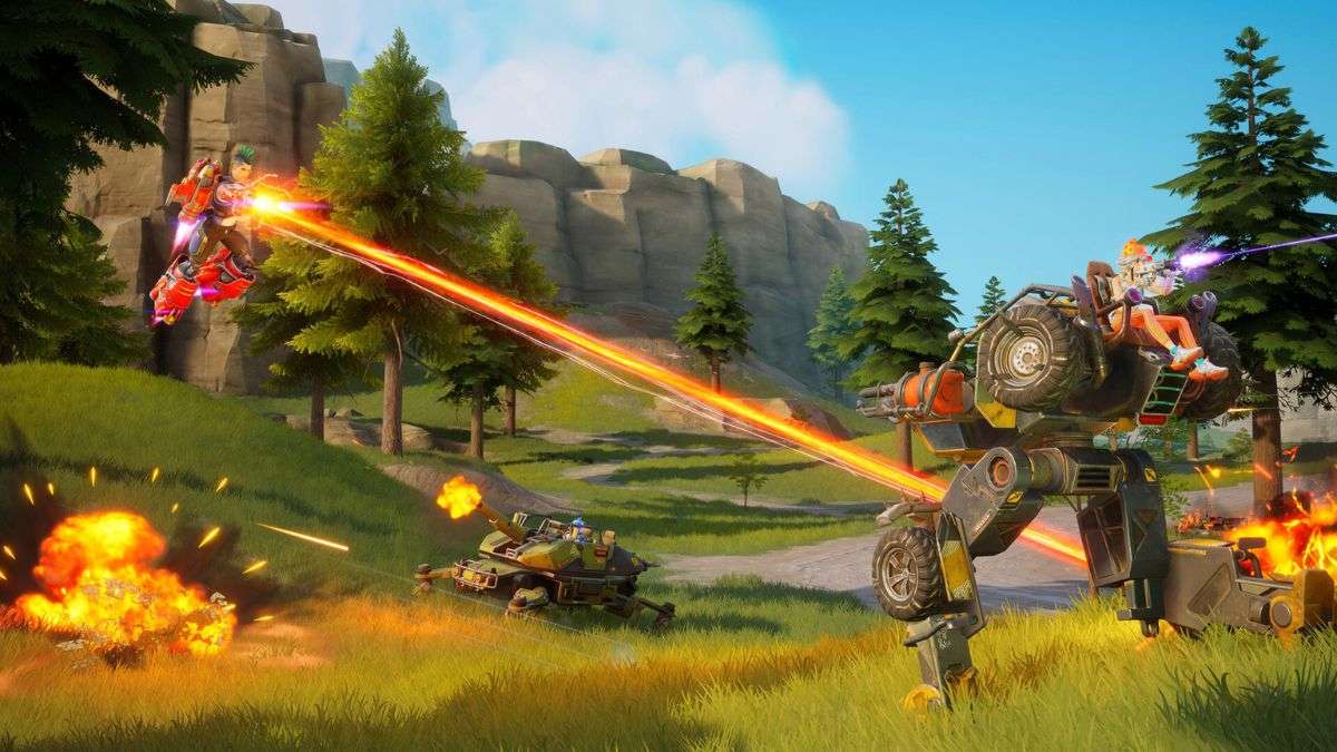 A player battles against a mech with a laser rifle in Farlight 84, a game that's less similar to PUBG and more like Fortnite. 