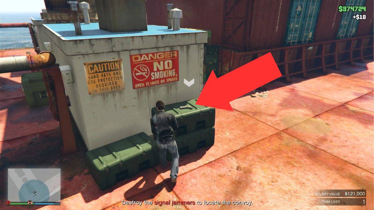 Arrow shows exact location of the EMP launcher for the Brock bounty mission in GTA Online.